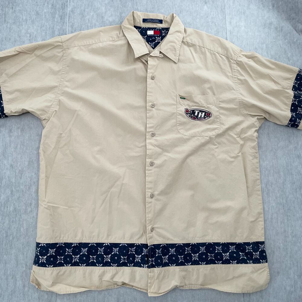 VINTAGE Tommy Hilfiger Shirt Adult XL Beige Button Up Hawaiian Camp Loop Collar